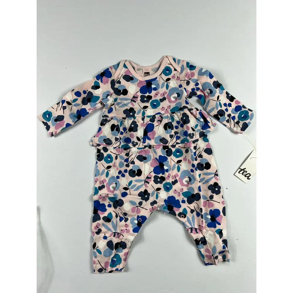 NEW Tea Collection Jamptland Floral Peplum Romper Pink Blue 3-6 Months
